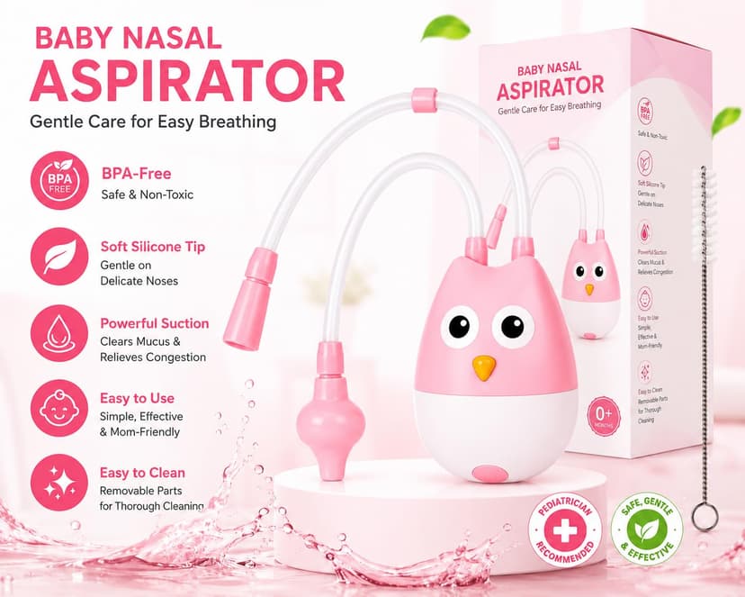 Nasal Aspirator for Baby, Manual Nose Cleaner with Soft Silicone Tip, Reusable, Owl Design, for Infants and Toddlers (Pink) - HEALTH & HYGIENE